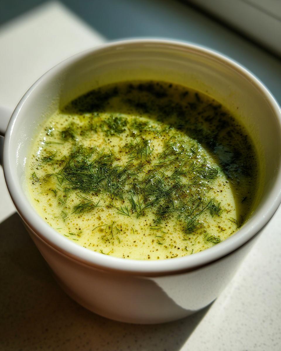 Amazing Dill Pickle Soup in 40 Minutes 3 Close-up of a mug filled with creamy Dill Pickle Soup, garnished with fresh dill.