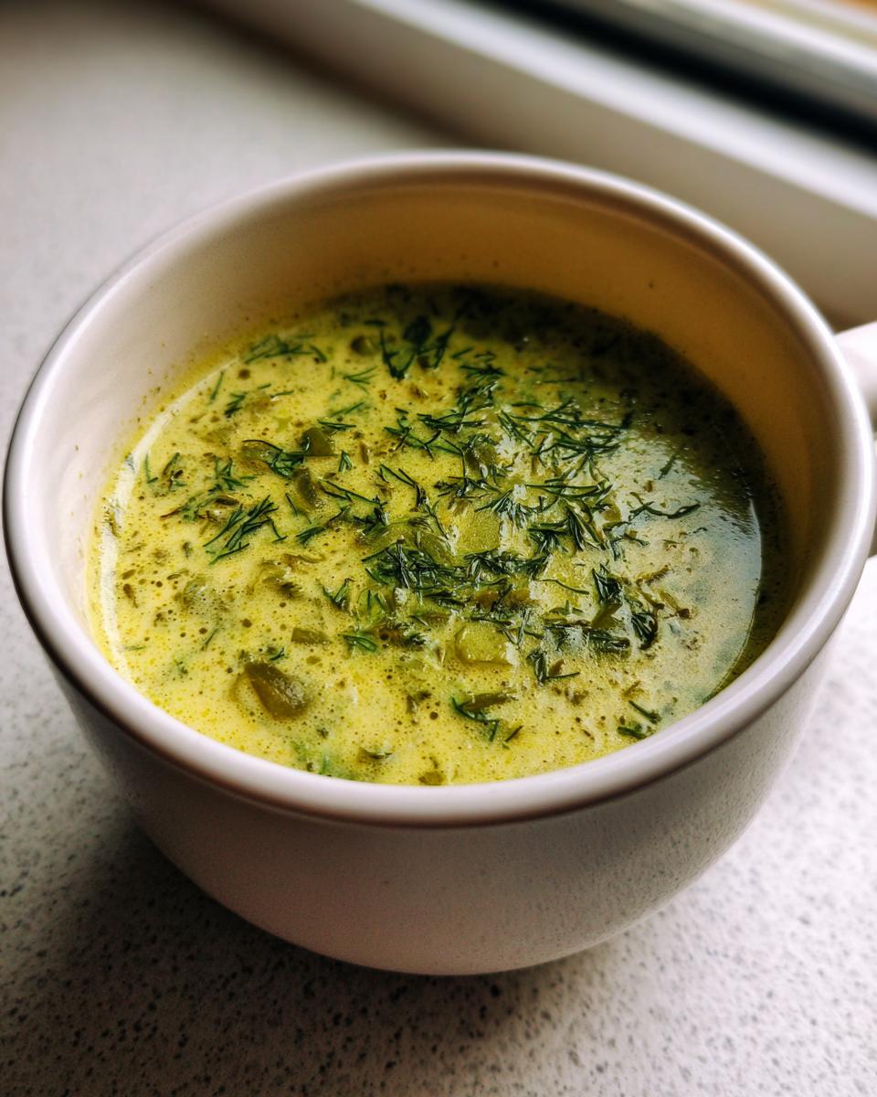 Close-up of a mug filled with creamy Dill Pickle Soup, garnished with fresh dill.