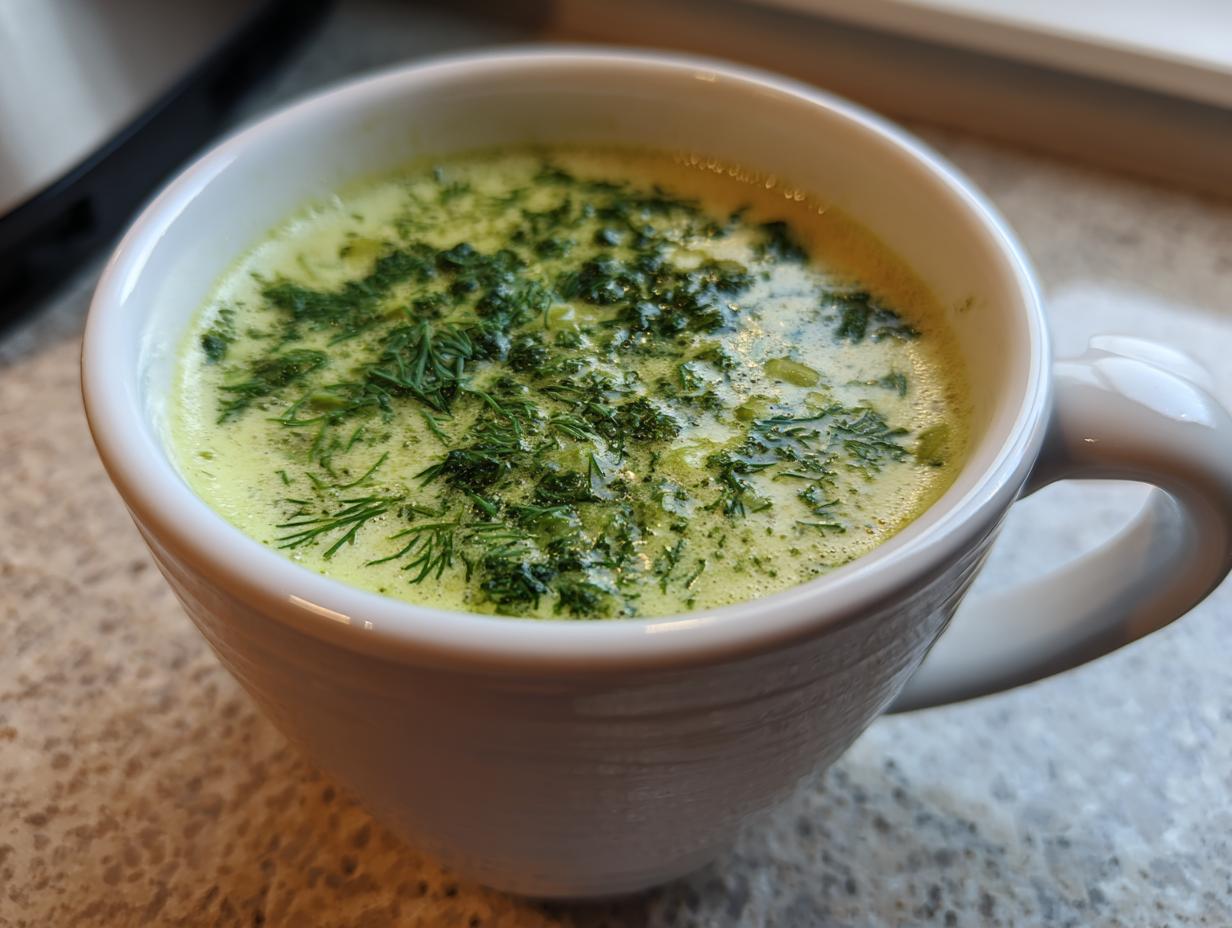 Close-up of a mug filled with creamy Dill Pickle Soup, garnished with fresh dill.
