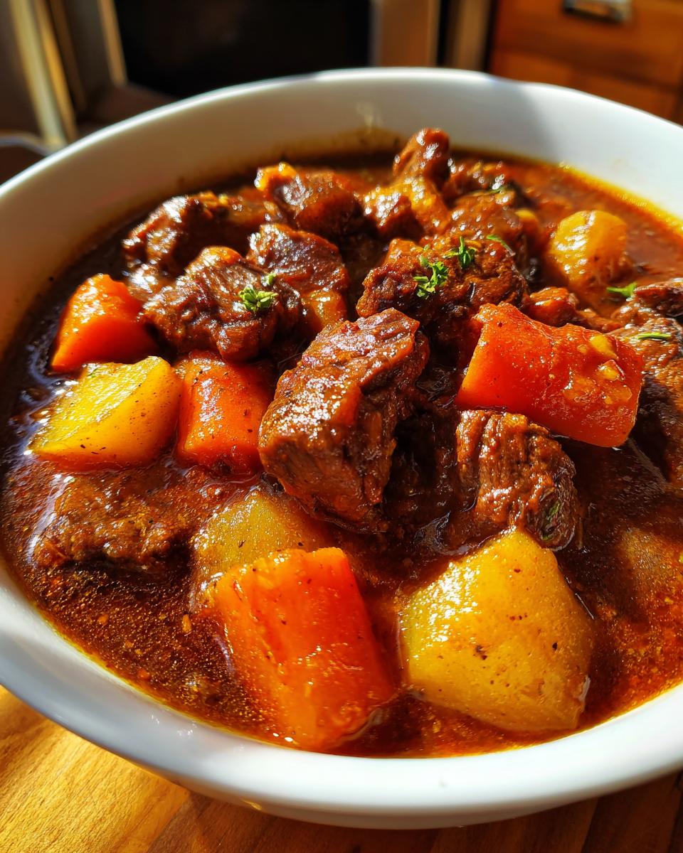 Close-up of a bowl of delicious Dutch Oven Beef Stew with beef, carrots, and potatoes.