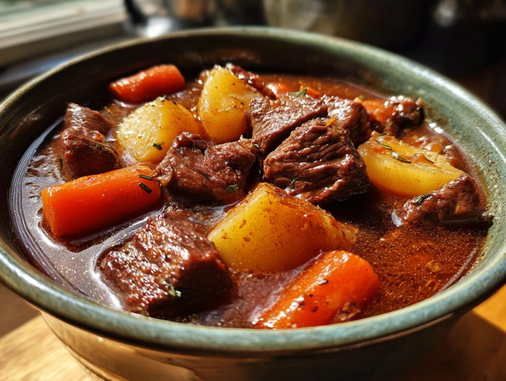 Close-up of a bowl filled with delicious Dutch Oven Beef Stew, including beef chunks, carrots, and potatoes.