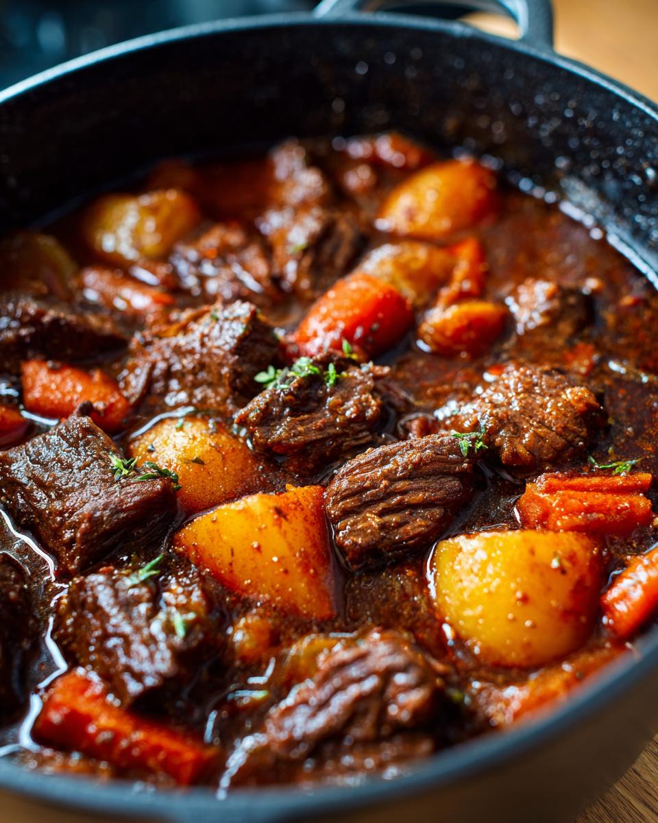 Close-up of a Dutch Oven Beef Stew with tender beef, potatoes, and carrots.