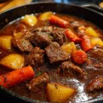 Close-up of a Dutch Oven Beef Stew with beef chunks, carrots, and potatoes in a rich broth.