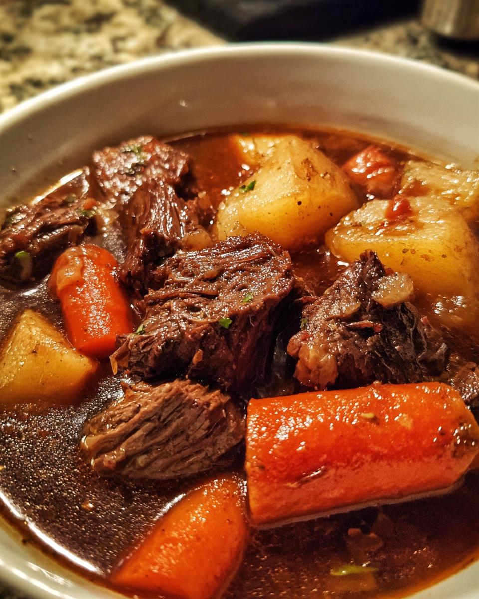 Close-up of a bowl of Dutch Oven Beef Stew with tender beef, carrots, and potatoes.