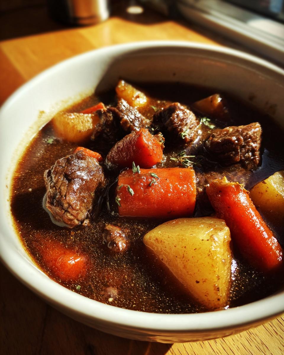 Close-up of a bowl of Dutch Oven Beef Stew with beef, carrots, and potatoes.