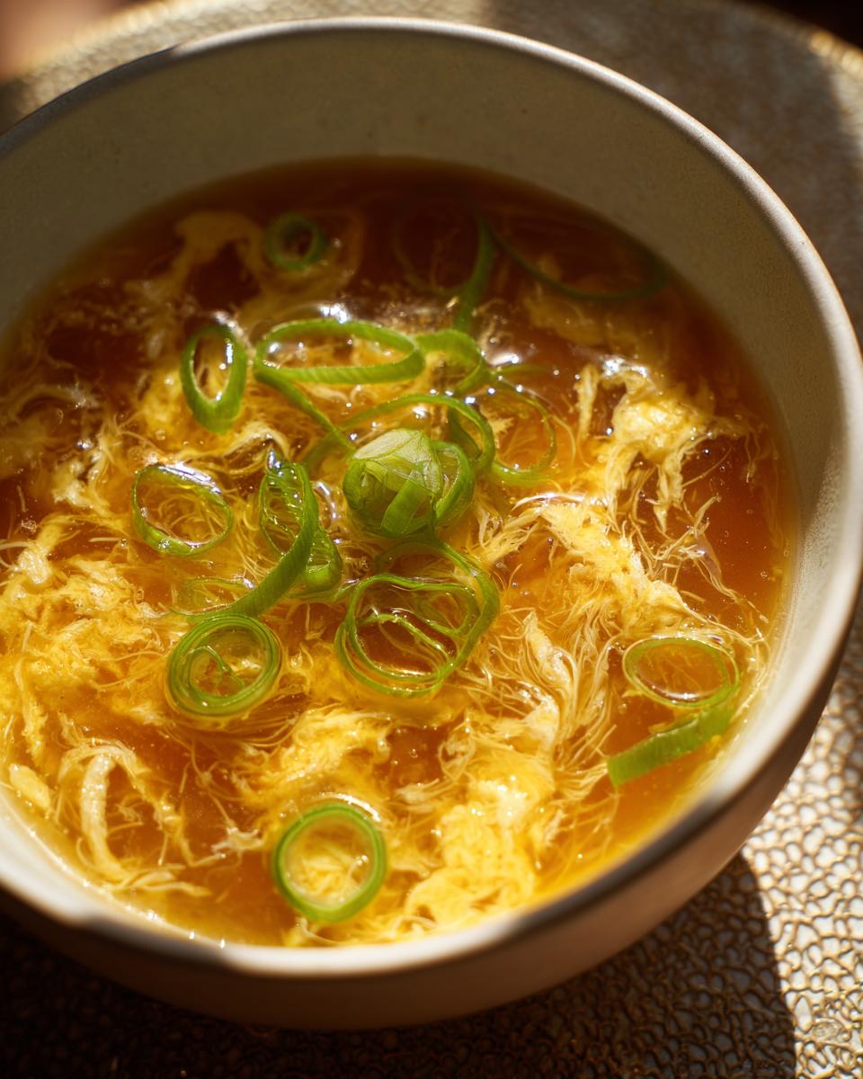 Close-up of a bowl of Egg Drop Soup garnished with green onions.