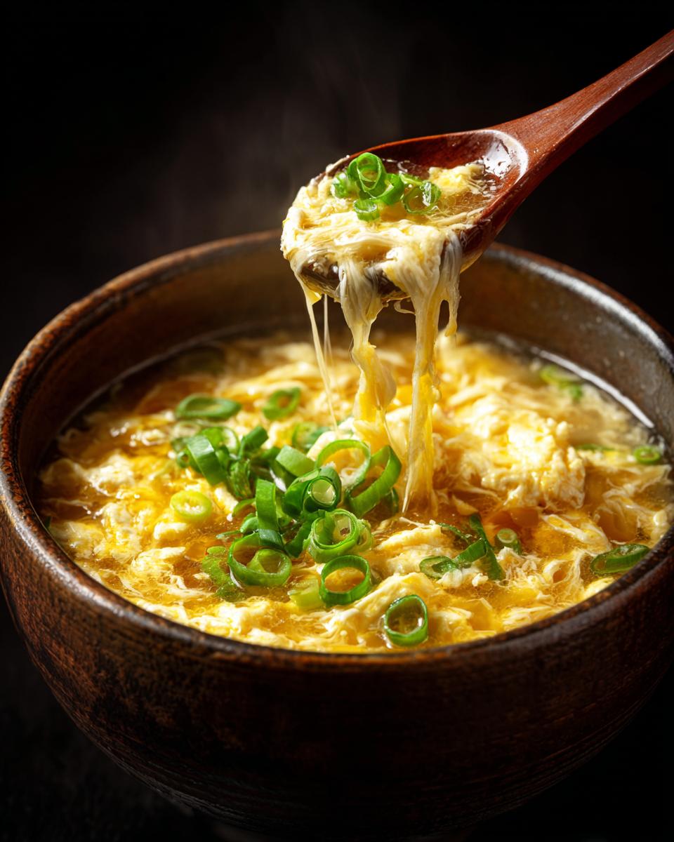 Close-up of a bowl of Egg Drop Soup with green onions, a wooden spoon scooping up the soup.