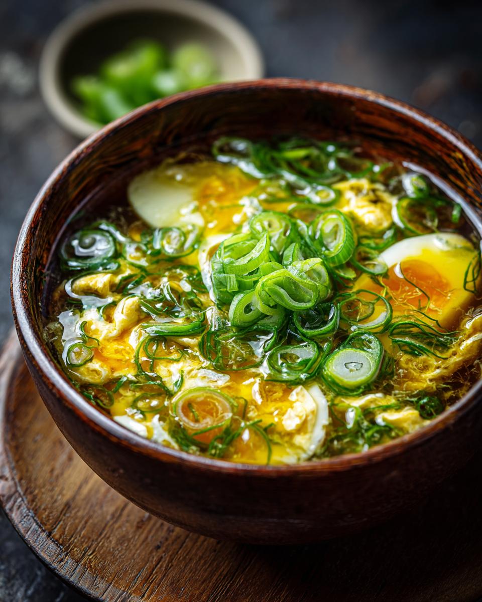 Close-up of a bowl of Egg Drop Soup with green onions, a delicious and easy recipe.