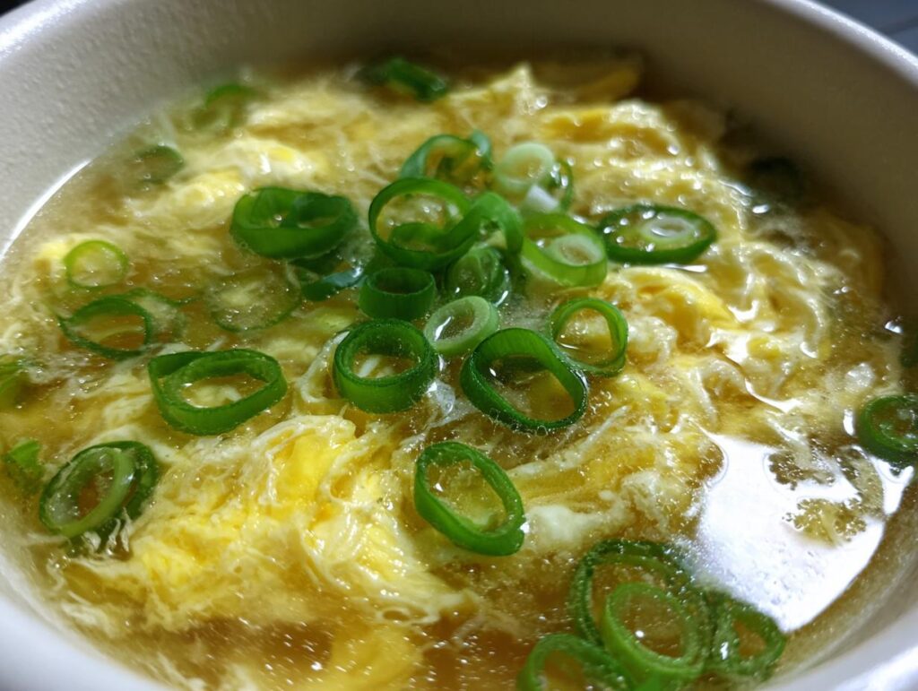Close-up of a bowl of Egg Drop Soup, garnished with fresh green onions.