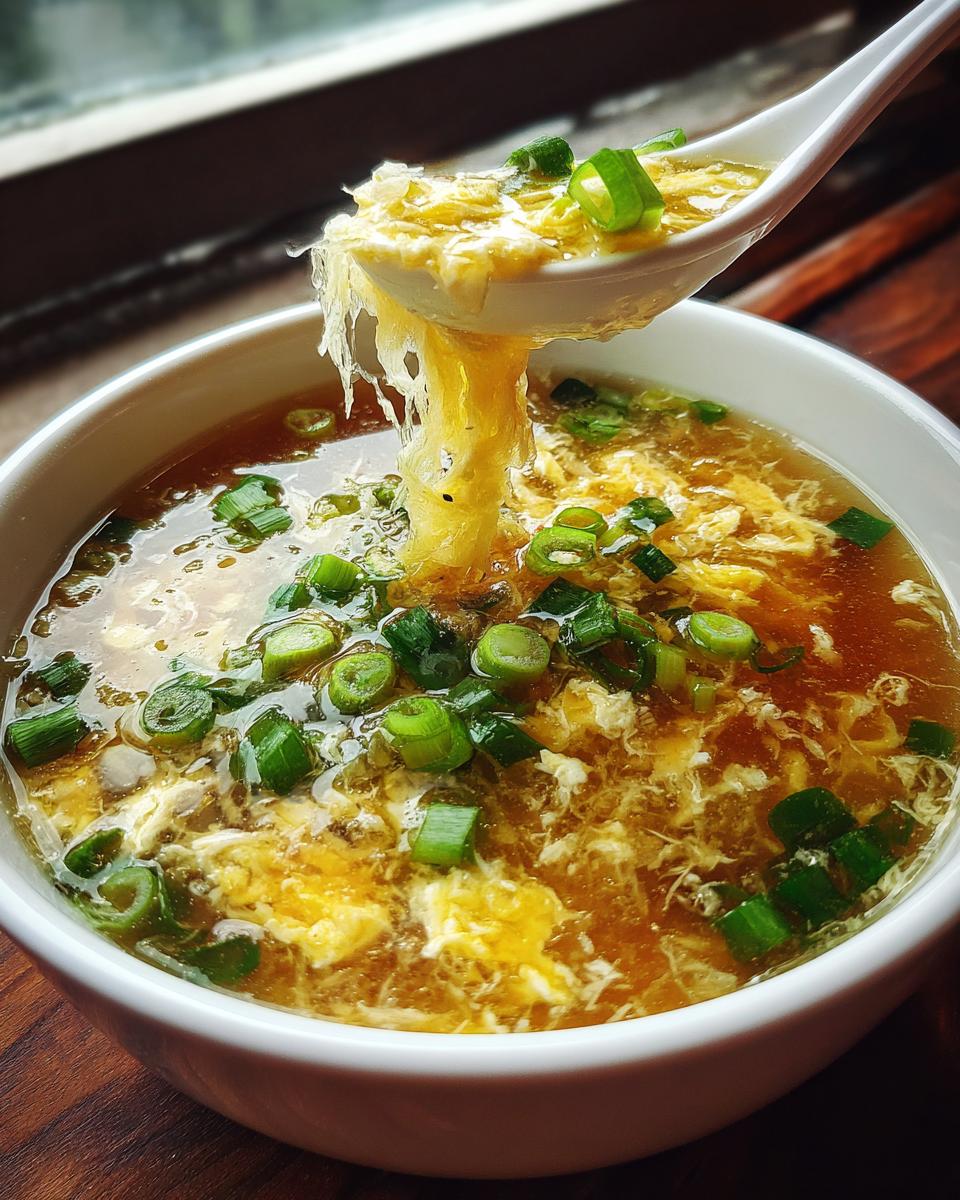 Close-up of a bowl of delicious Egg Drop Soup with scallions, showing the egg ribbons.