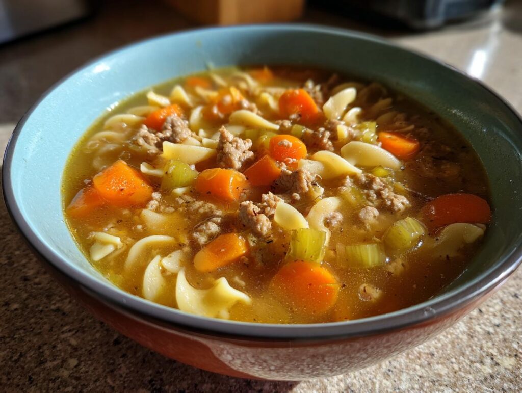 A bowl of delicious Ground Turkey Soup with noodles, carrots, and celery.