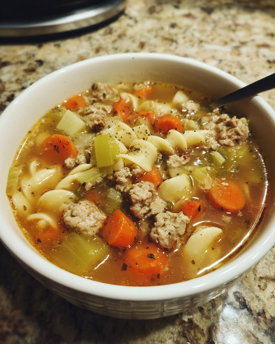A comforting bowl of Ground Turkey Soup with carrots, celery, and noodles.