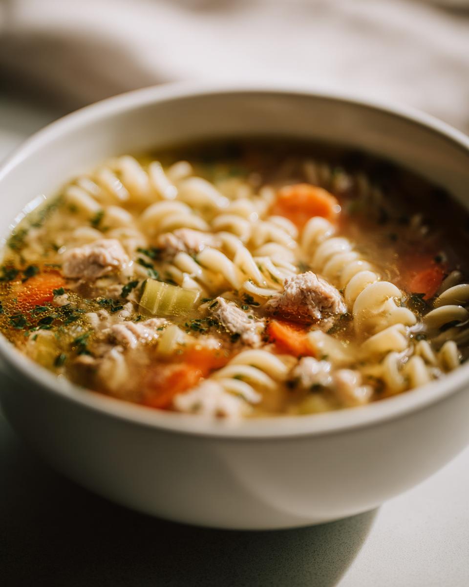 Close-up of a bowl of ground turkey soup with noodles, carrots, and celery.