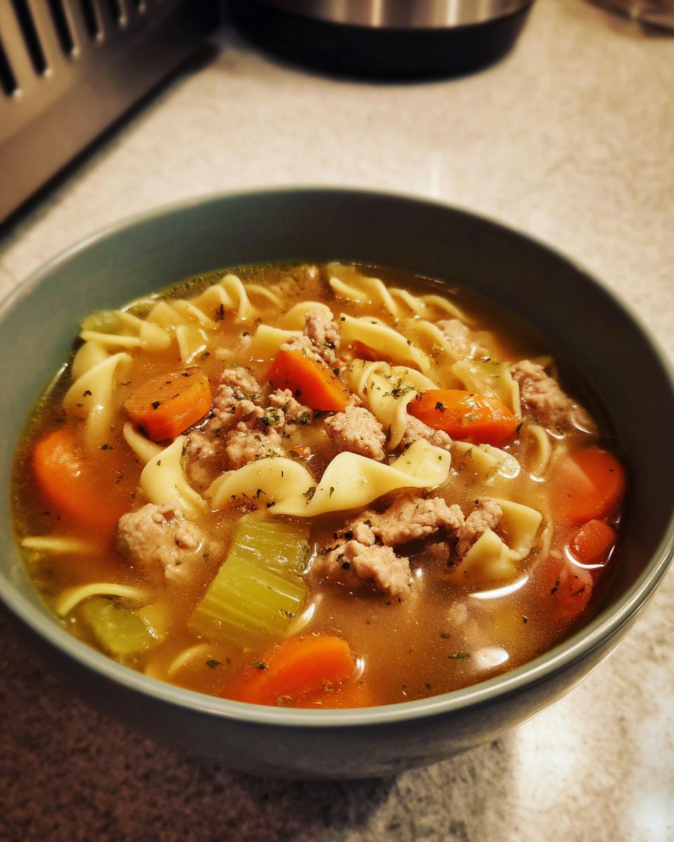 Close-up of a bowl of Ground Turkey Soup with noodles, carrots, and celery.