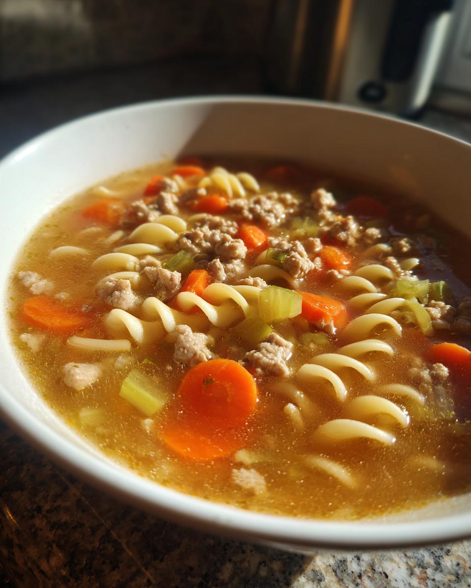 Close-up of a bowl of ground turkey soup with noodles, carrots, and celery.