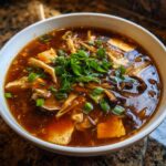 A bowl of delicious Hot And Sour Soup with tofu, mushrooms, and green onions.