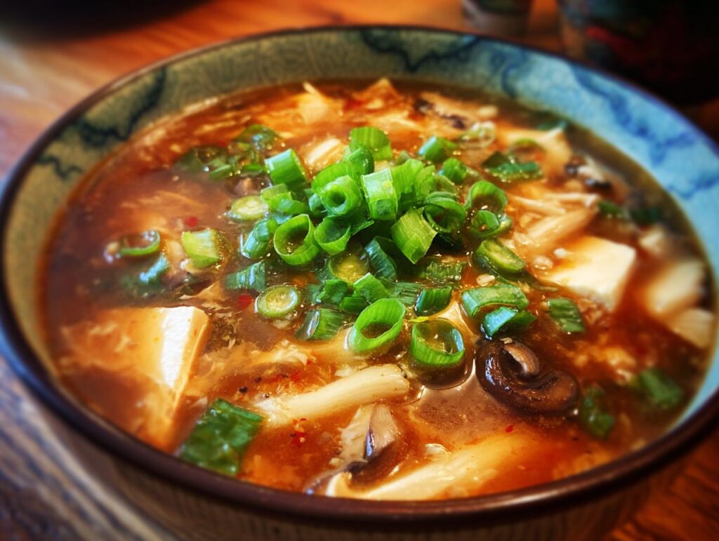 Close-up of a bowl of delicious Hot And Sour Soup, garnished with fresh green onions.