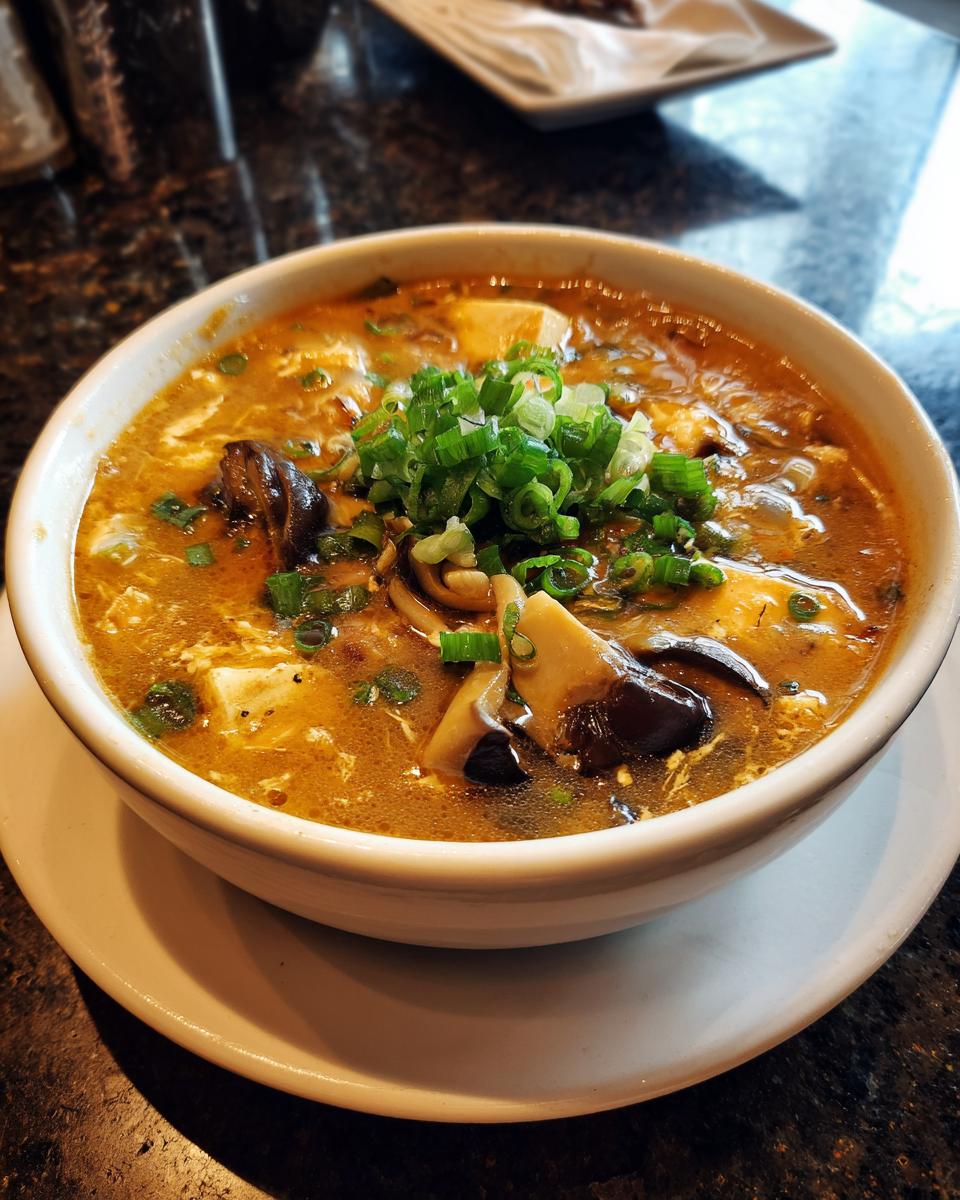 A bowl of Hot And Sour Soup, garnished with green onions, ready to eat.