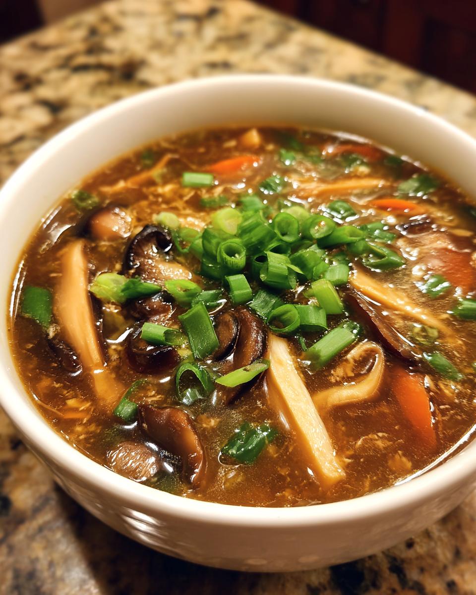 Close-up of a bowl of Hot And Sour Soup with mushrooms and green onions.