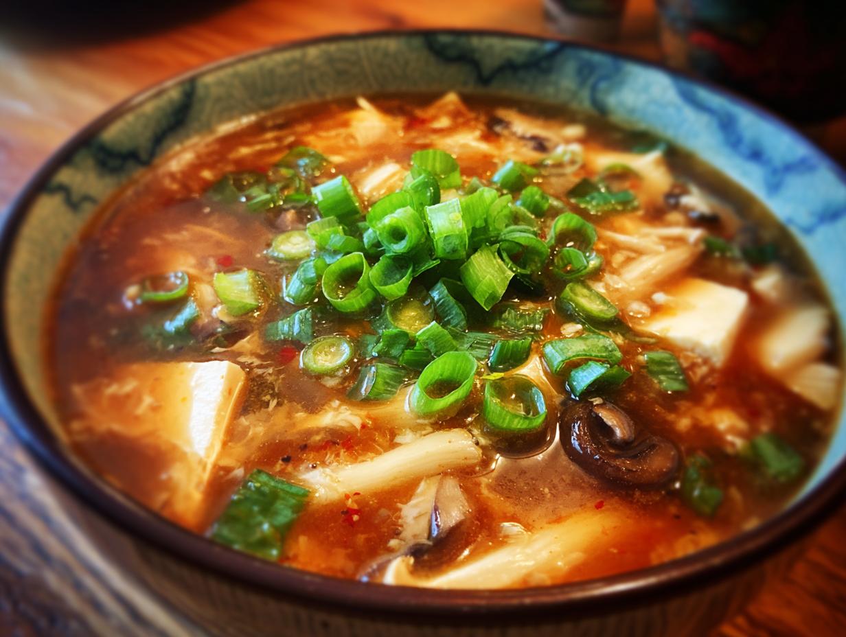 Close-up of a bowl of delicious Hot And Sour Soup, garnished with fresh green onions.
