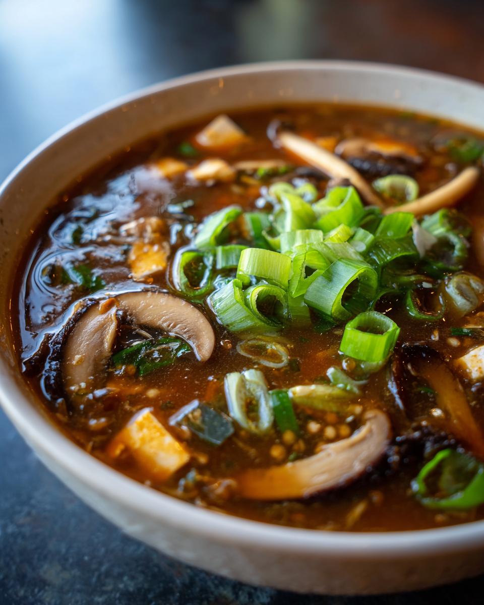 Close-up of a bowl of delicious Hot And Sour Soup with mushrooms and green onions.