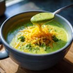 Close-up of a bowl of Keto Broccoli Cheese Soup with shredded cheese and a spoon.