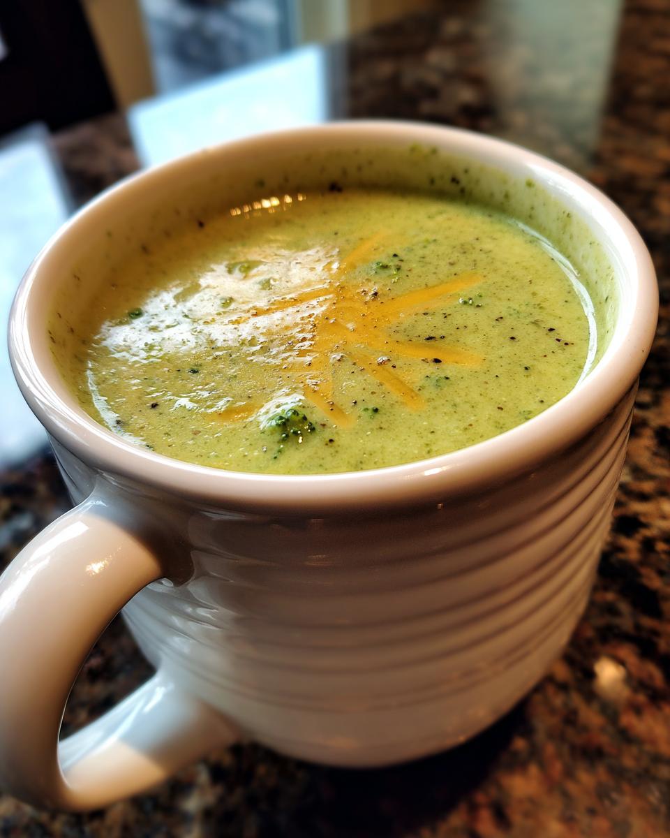 Close-up of a mug filled with Keto Broccoli Cheese Soup, garnished with cheese.