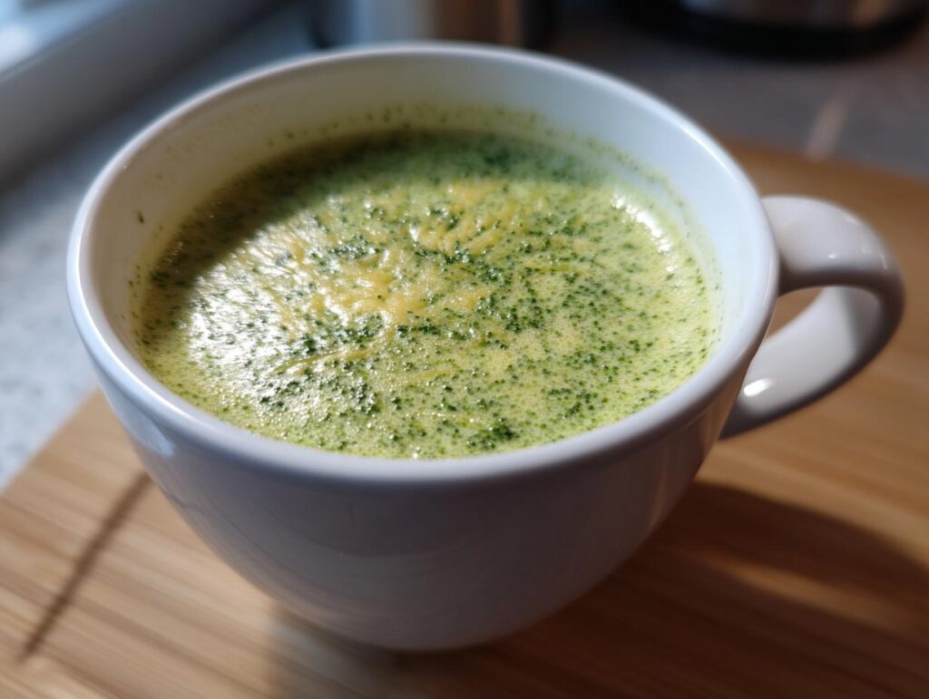 Close-up of a mug filled with Keto Broccoli Cheese Soup, a low-carb and keto-friendly recipe.