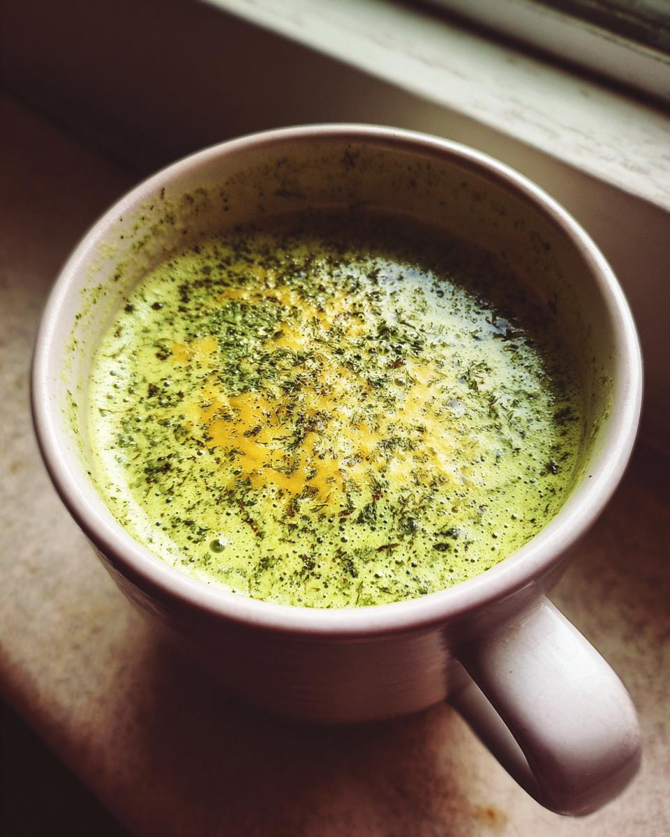 Amazing Keto Broccoli Cheese Soup: 1 Hug 3 Close-up of a mug filled with Keto Broccoli Cheese Soup, garnished with herbs.