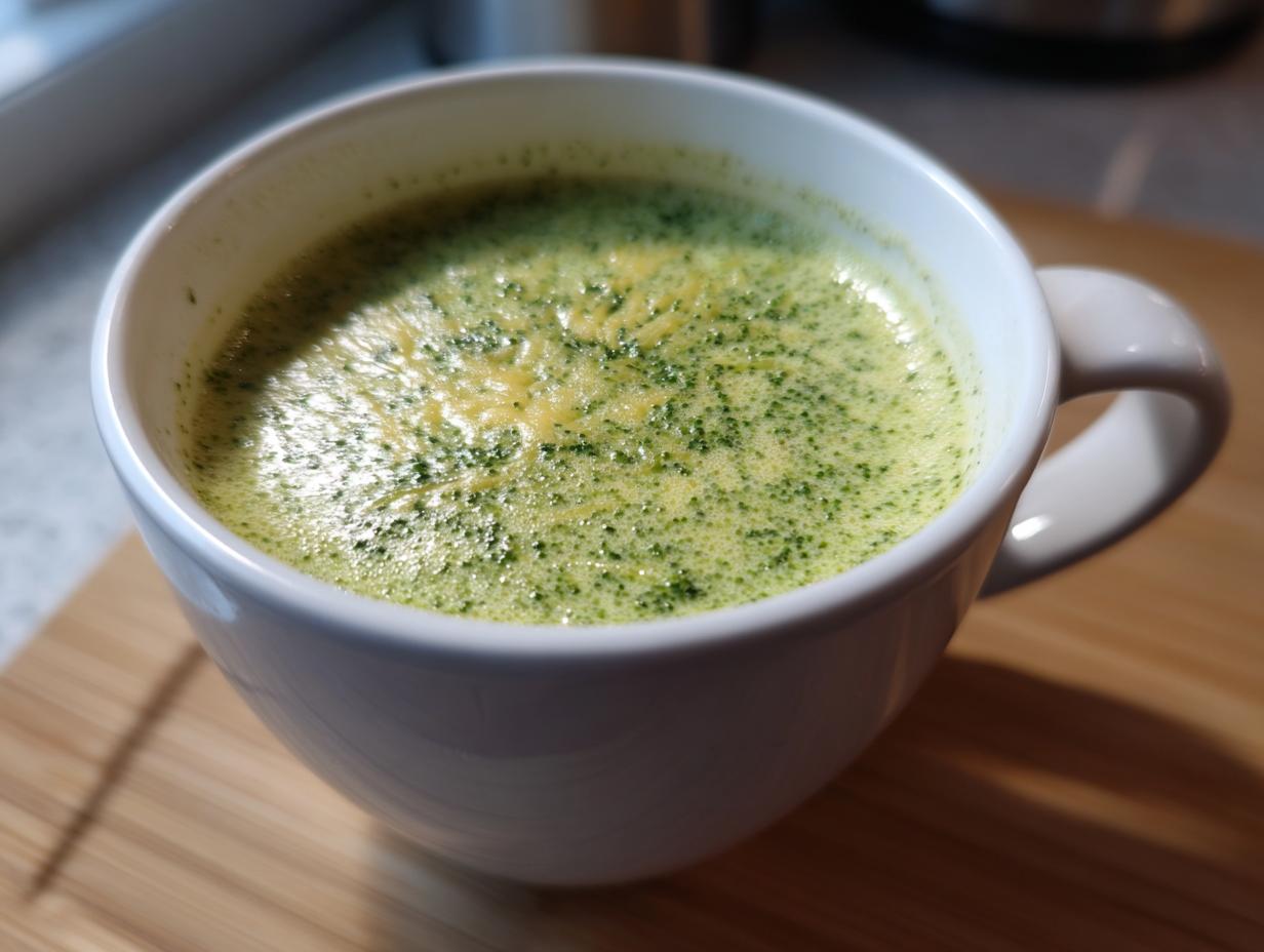 Close-up of a mug filled with Keto Broccoli Cheese Soup, a low-carb and keto-friendly recipe.