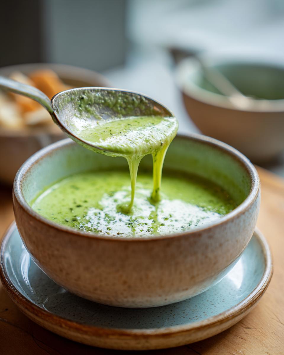 Amazing Keto Broccoli Cheese Soup: 1 Hug 2 Close-up of Keto Broccoli Cheese Soup being poured from a spoon into a bowl.