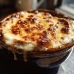 Close-up of a bowl of Keto French Onion Soup with melted cheese.