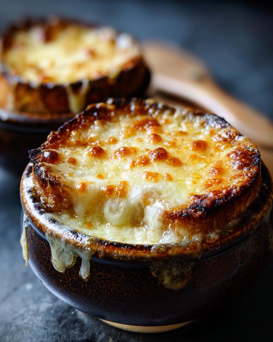 Close-up of Keto French Onion Soup in a brown bowl with melted cheese and bread.