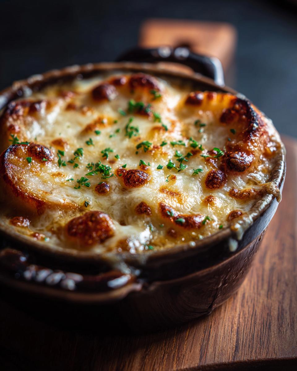 Amazing Keto French Onion Soup: 30g Fat 2 Close-up of Keto French Onion Soup with melted cheese and herbs in a ceramic bowl on a wooden board.
