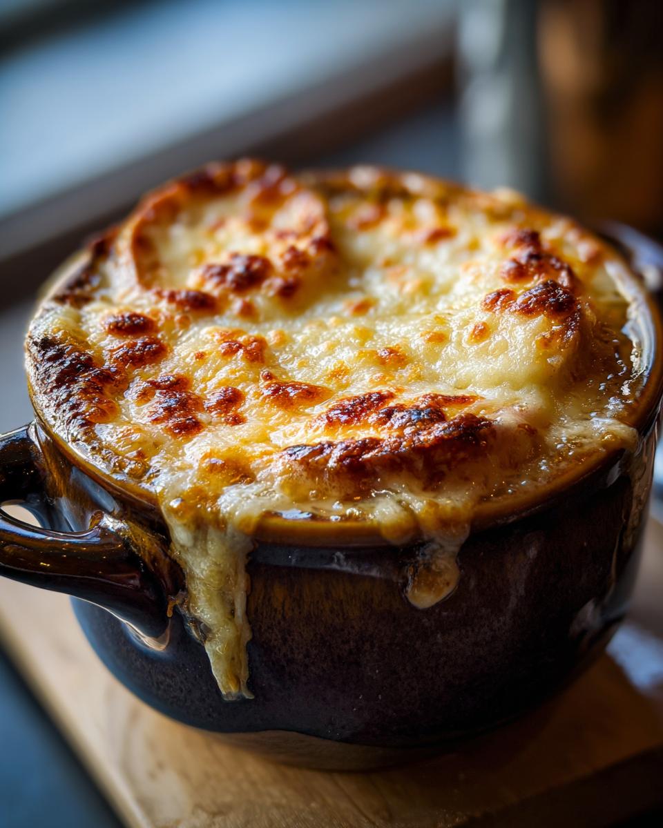 Amazing Keto French Onion Soup: 30g Fat 3 Close-up of Keto French Onion Soup with melted cheese in a brown ceramic bowl.