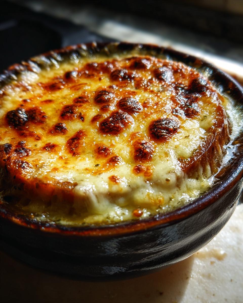 Amazing Keto French Onion Soup: 30g Fat 4 Close-up of a bowl of Keto French Onion Soup with melted cheese.
