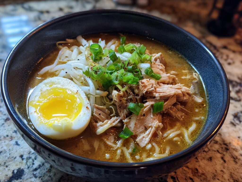 A bowl of Keto Ramen with egg, bean sprouts, and chicken.