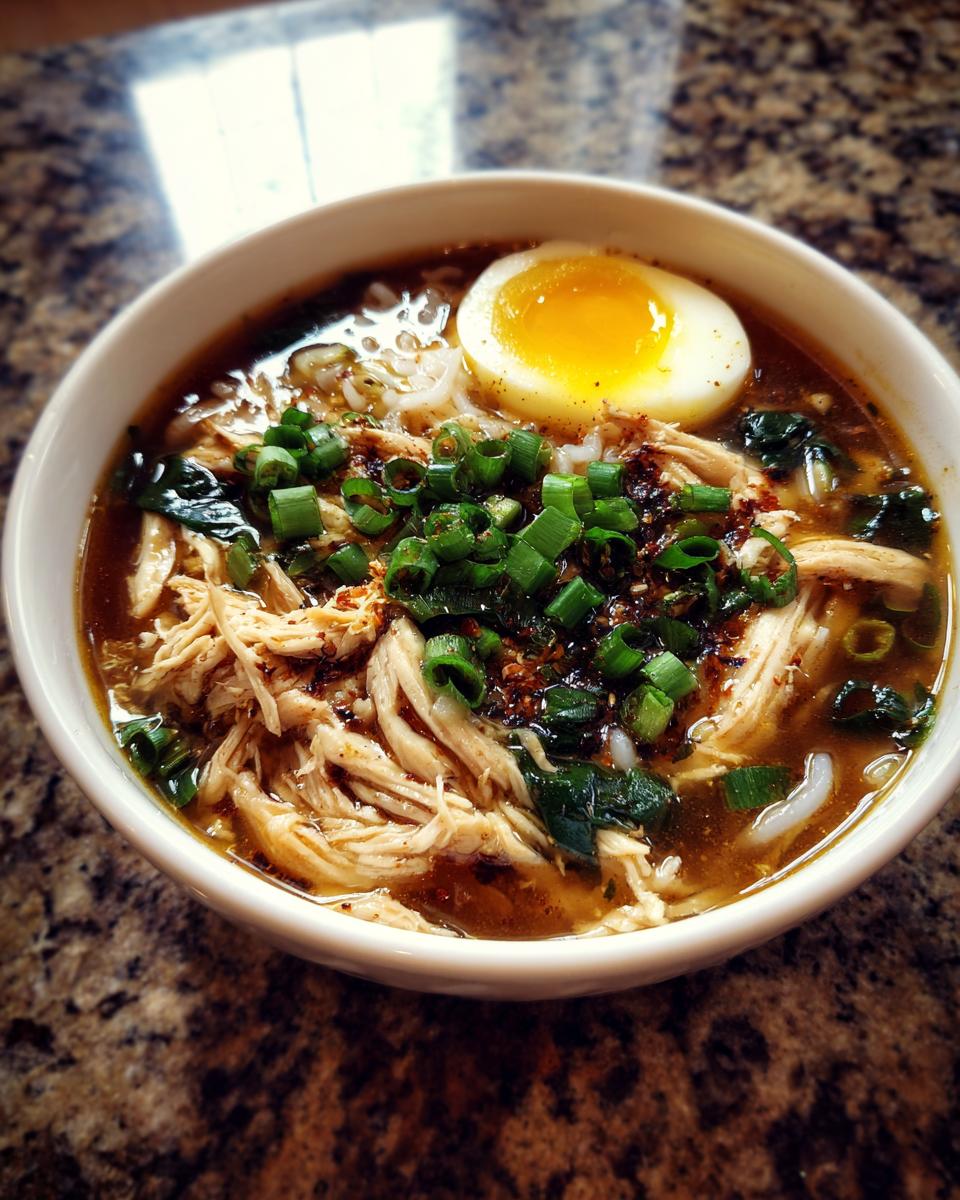 Close-up of a bowl of Keto Ramen with chicken, a soft-boiled egg, and green onions. This is a delicious Keto Ramen recipe.