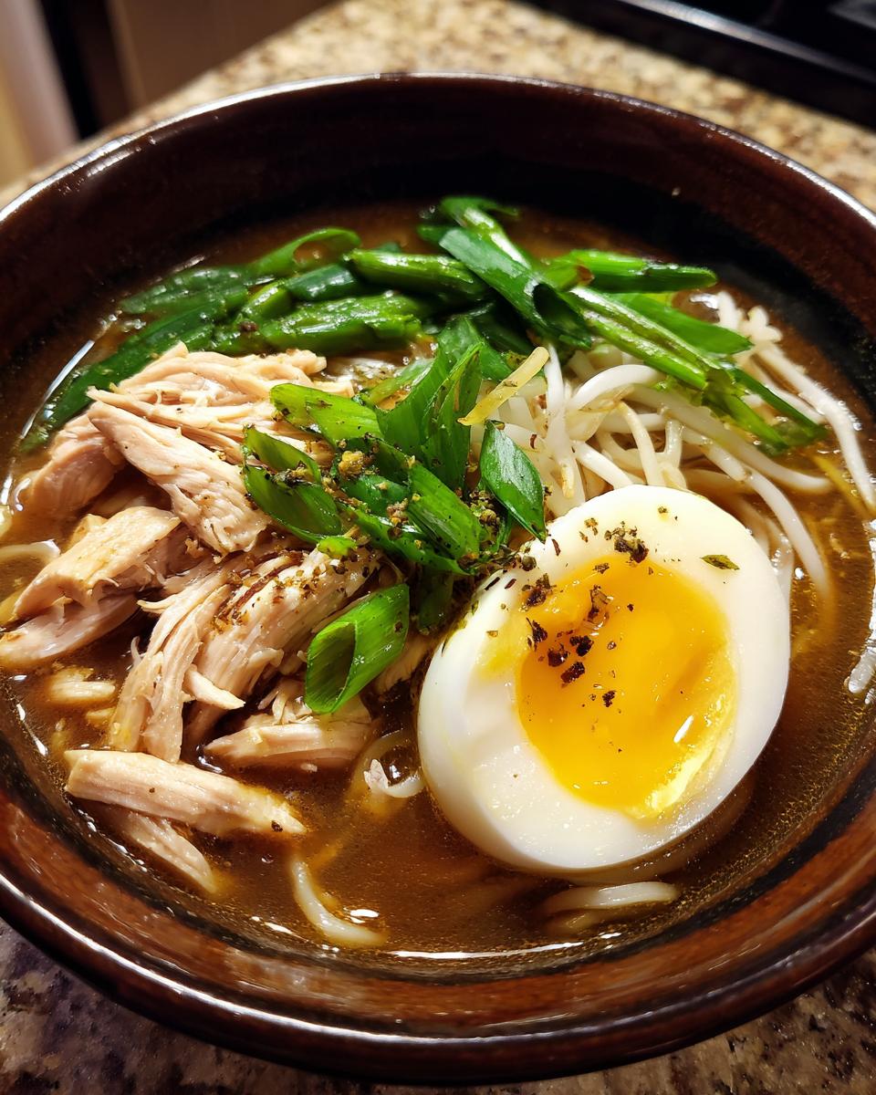 Amazing Keto Ramen in Under 30 Minutes 4 Close-up of a bowl of Keto Ramen with chicken, egg, and green onions.