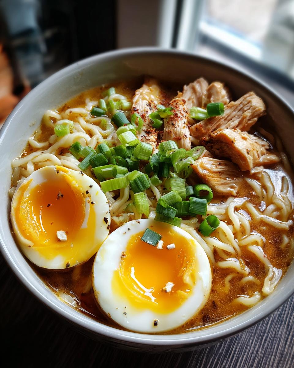 Amazing Keto Ramen in Under 30 Minutes 3 Close-up of a bowl of Keto Ramen with soft-boiled eggs, chicken, and green onions.