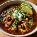 Close-up of a bowl of Mexican Soup, with black beans, corn, chicken, sour cream, cilantro and lime.