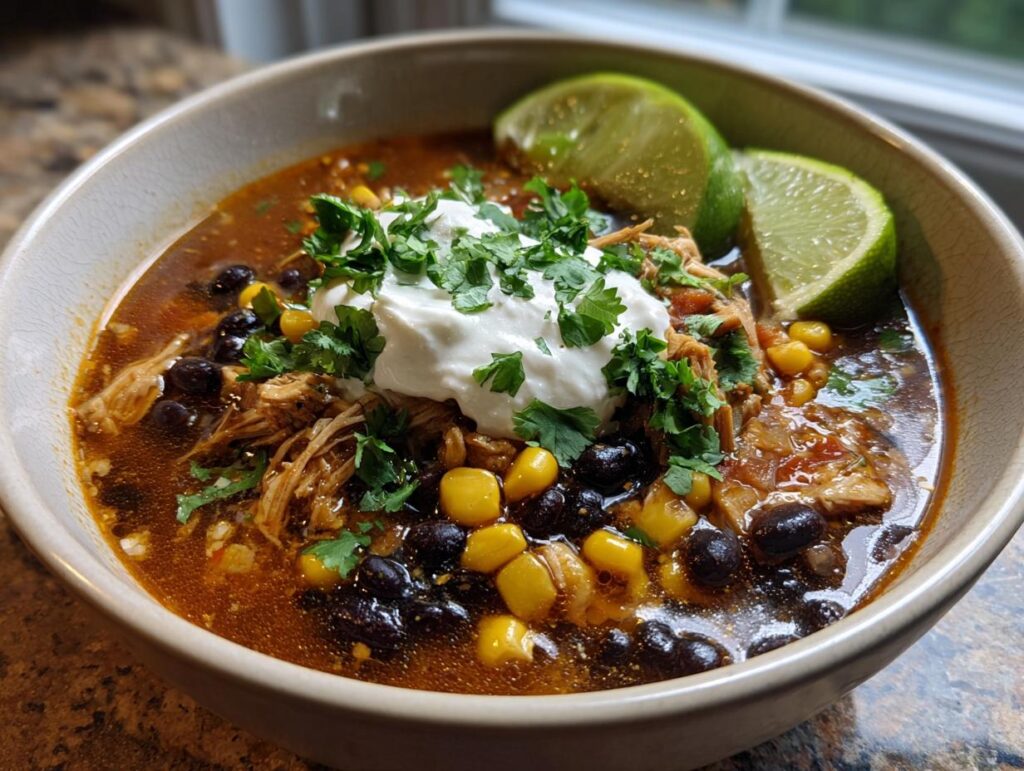 Close-up of a bowl of Mexican soup with black beans, corn, chicken, sour cream, cilantro, and lime wedges.