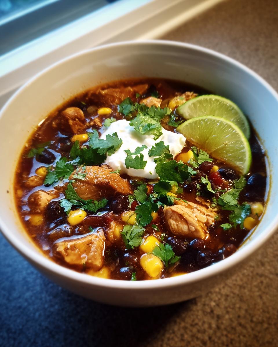 Close-up of a bowl of Mexican Soup with chicken, black beans, corn, and toppings.
