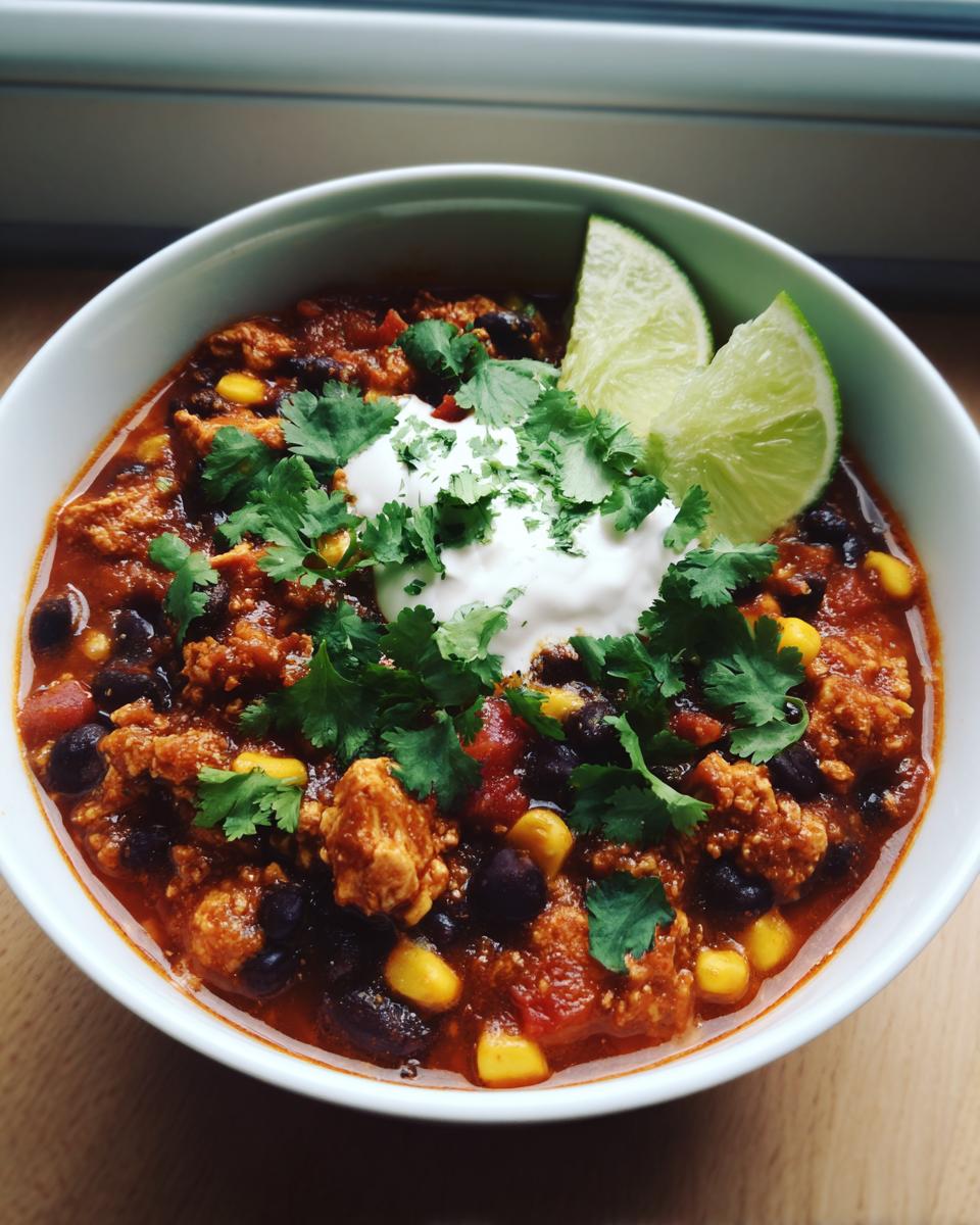 Close-up of a bowl of Mexican Soup with black beans, corn, sour cream, cilantro, and lime wedges.