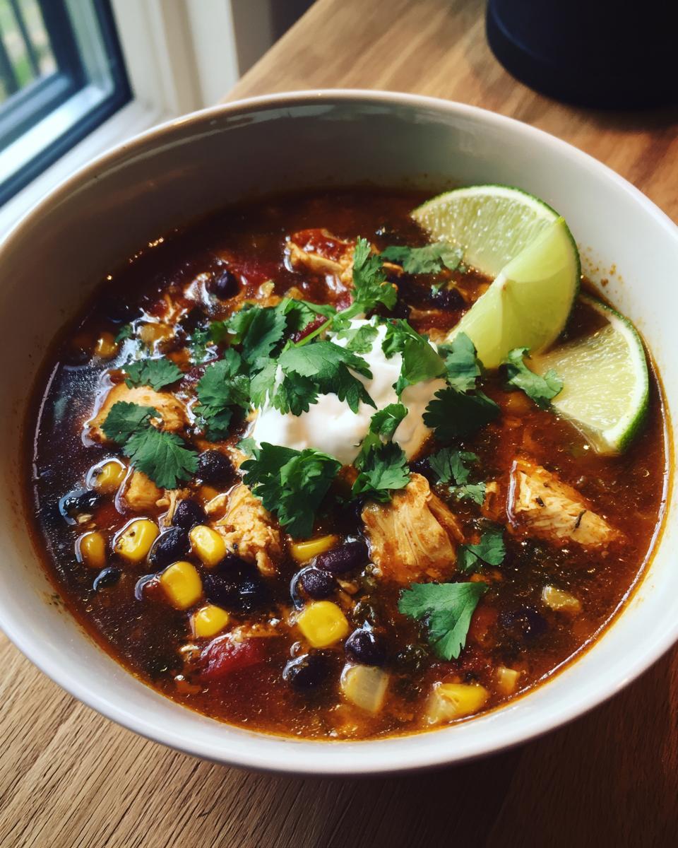 Close-up of a bowl of Mexican Soup with chicken, corn, black beans, and lime.