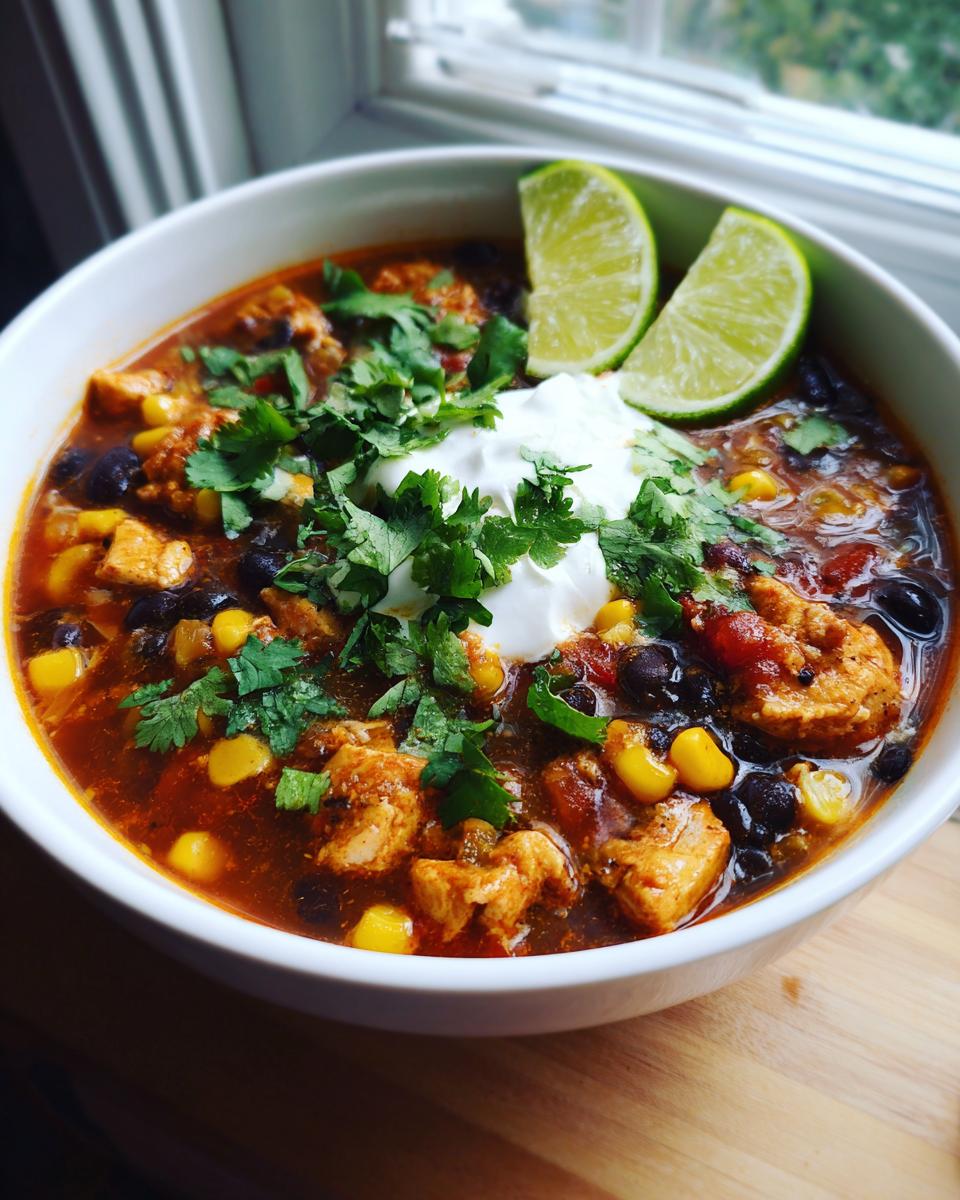 A bowl of Mexican Soup with black beans, corn, chicken, sour cream, cilantro, and lime wedges.