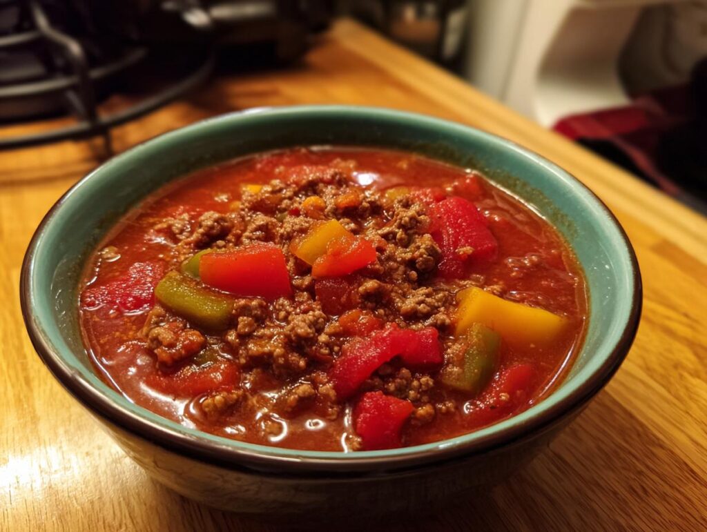 Close-up of a bowl of delicious No Bean Chili with ground meat and colorful peppers.