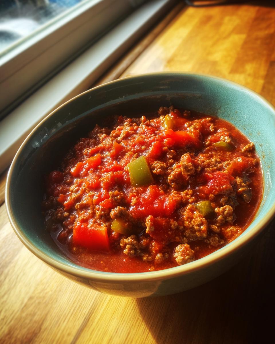 Amazing No Bean Chili: 1 Hour Hearty Flavor 3 A bowl of delicious No Bean Chili with ground meat, tomatoes, and peppers.