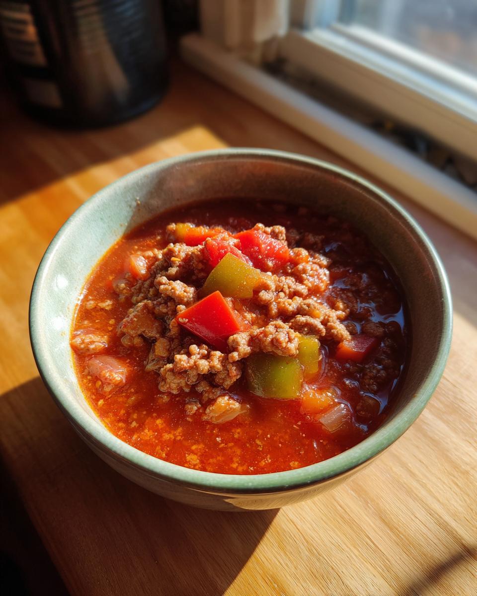 Amazing No Bean Chili: 1 Hour Hearty Flavor 4 A bowl of delicious No Bean Chili with ground meat, tomatoes, and peppers.