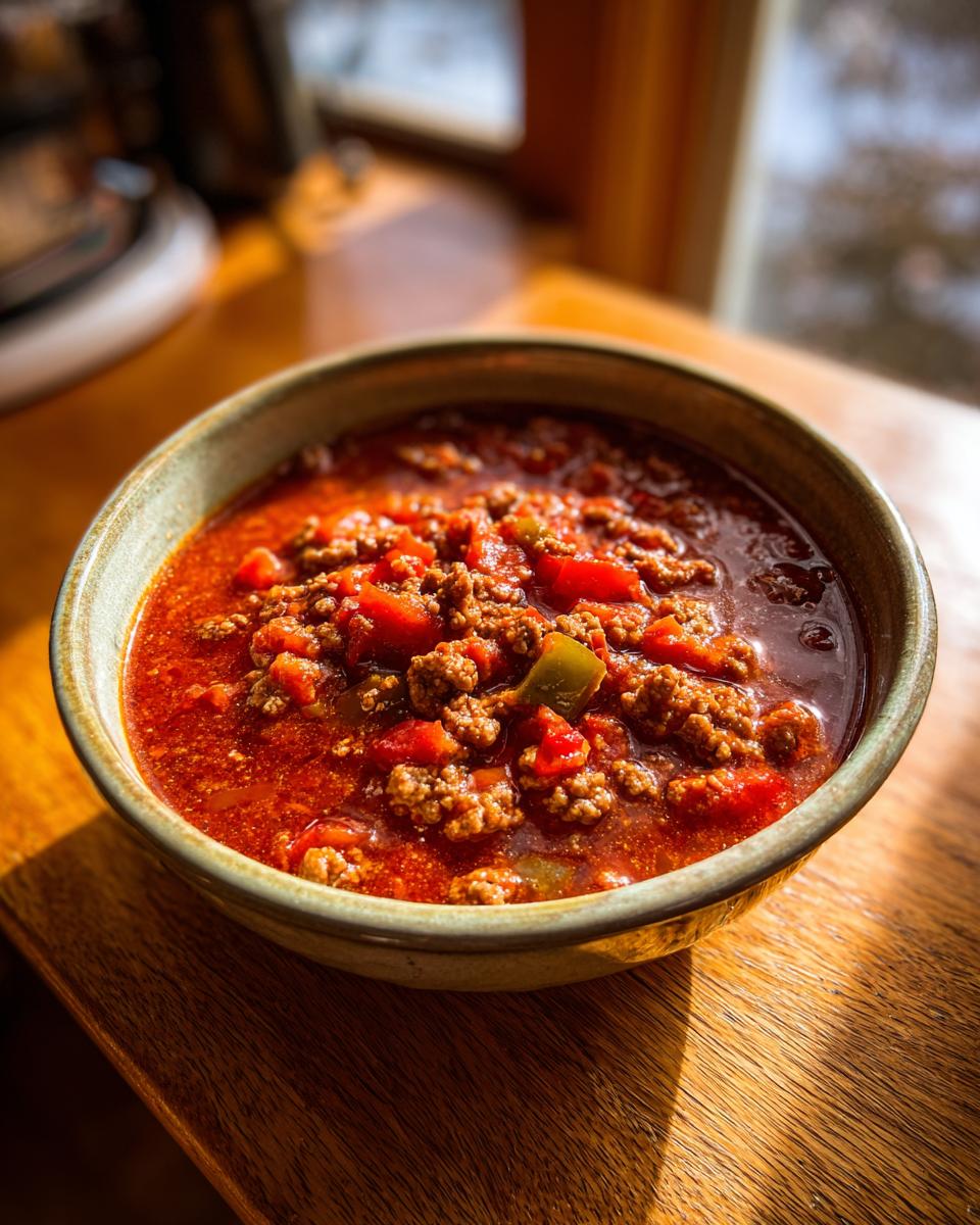 Amazing No Bean Chili: 1 Hour Hearty Flavor 5 A bowl of delicious No Bean Chili, with ground meat and vegetables.